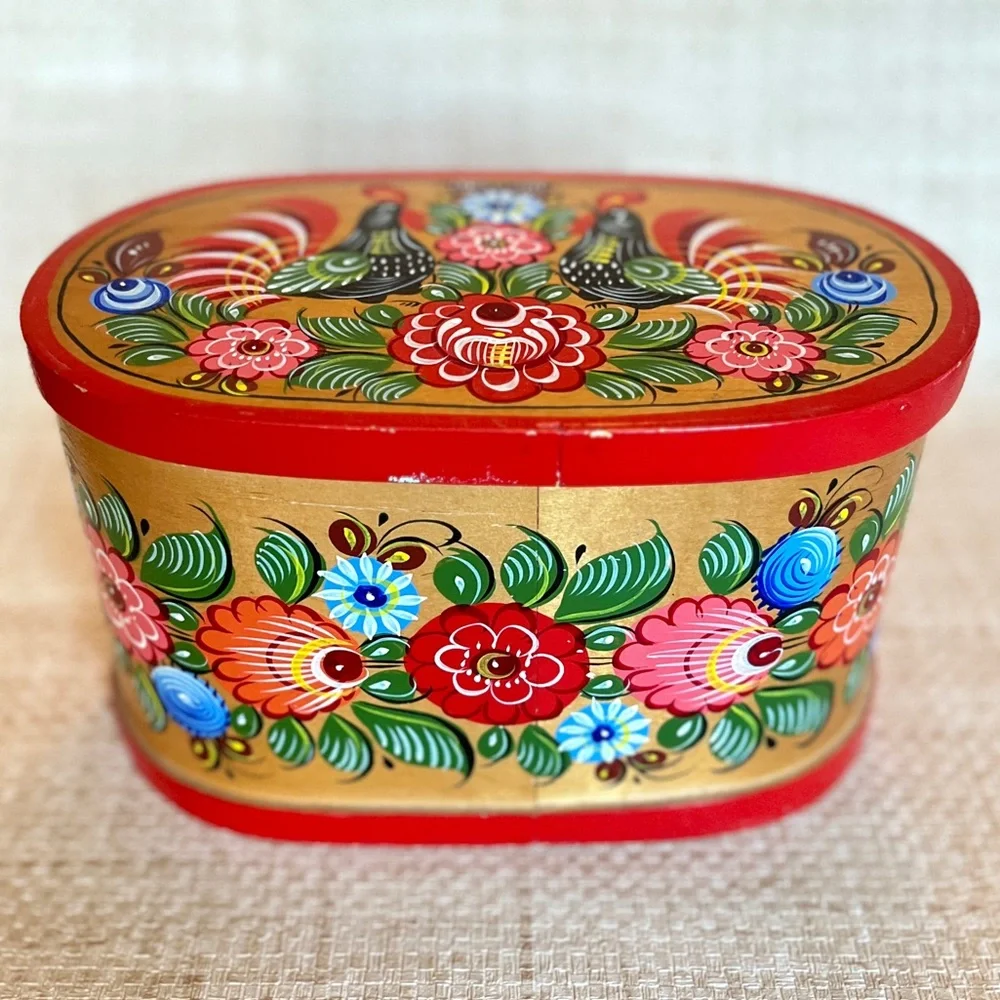 Hand Painted Bentwood Box Vintage Russian Folk Art Norway Rosemaling Floral Box - Picture 1 of 8